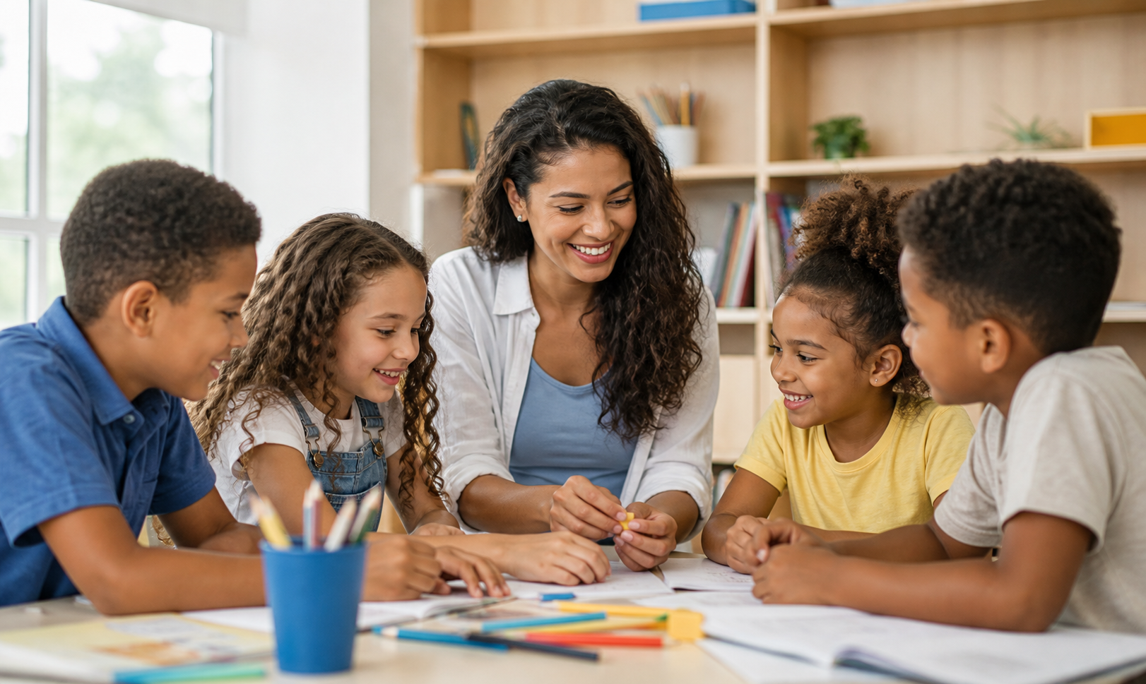 Futura pedagoga em atividade educativa com crianças